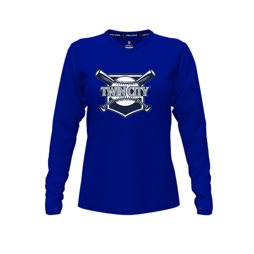 [FTLVCFRY-FYXS-LOGO2] Decker Comfort T-Shirt (Female Youth XS, Royal, V Neck, Logo 2, Long Sleeve)