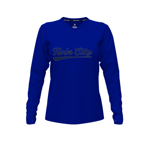 [CUS-DFW-TEES-CMF-VNK-LSL-RYL-FYXS-LOGO3] Decker Comfort T-Shirt (Female Youth XS, Royal, V Neck, Logo 3, Long Sleeve)