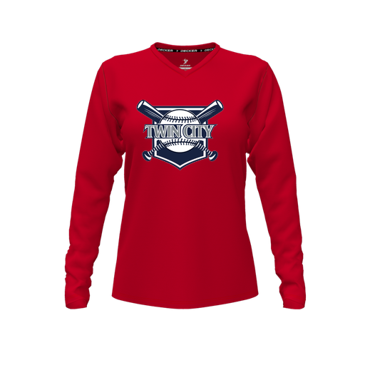 [FTLVCFRD-FYXS-LOGO2] Decker Comfort T-Shirt (Female Youth XS, Red, V Neck, Logo 2, Long Sleeve)