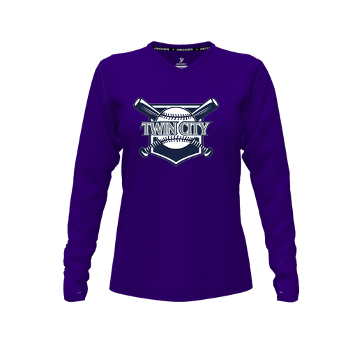[FTLVCFPP-FYXS-LOGO2] Decker Comfort T-Shirt (Female Youth XS, Purple, V Neck, Logo 2, Long Sleeve)