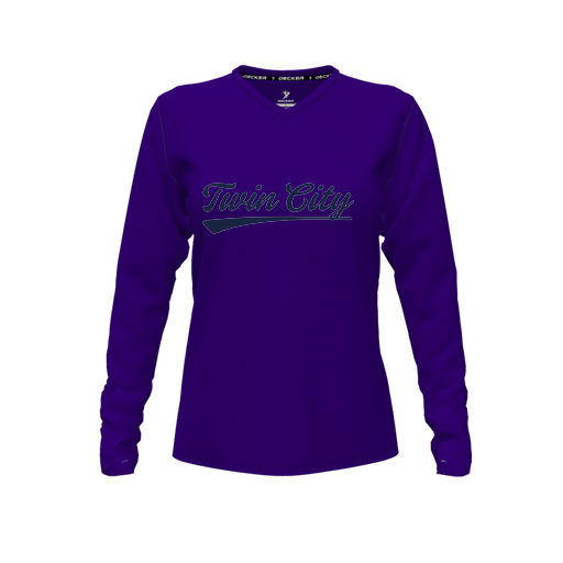 [CUS-DFW-TEES-CMF-VNK-LSL-PUR-FYXS-LOGO3] Decker Comfort T-Shirt (Female Youth XS, Purple, V Neck, Logo 3, Long Sleeve)