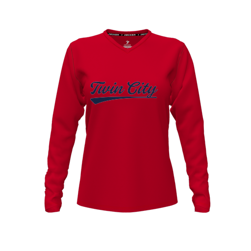[FTLVPTRD-FYXS-LOGO3] Decker Performance T-Shirt (Female Youth XS, Red, V Neck, Logo 3, Long Sleeve)